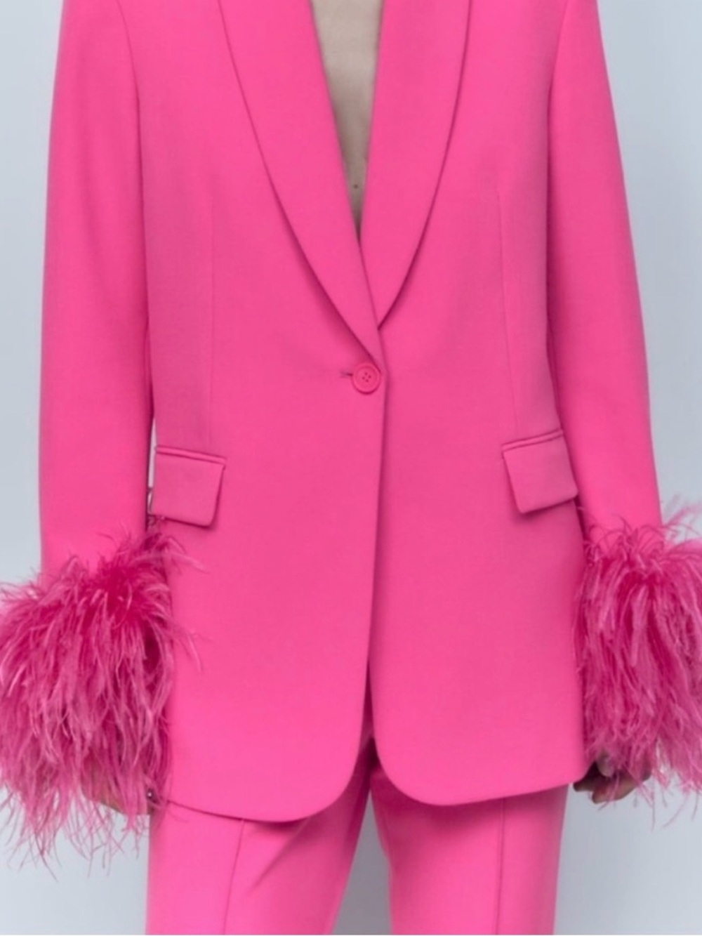 Zara Hot Pink Removable Feather-Cuff Blazer and Pants Set
